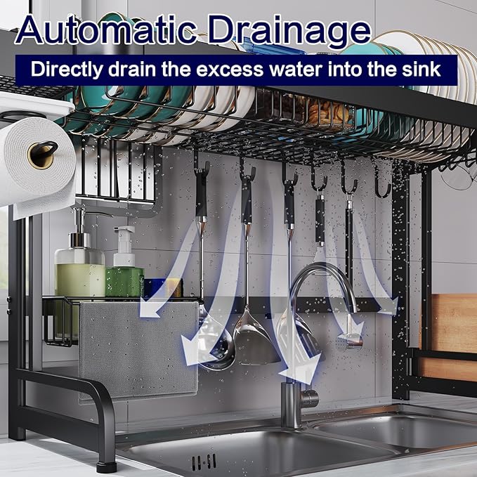 LIVOD Over Sink Dish Drainer Drying Rack, 2 Tier Full Stainless Steel Storage Adjustable Length Kitchen Rack, Multifunctional Expandable Counter Organizer, Space Saver Dish Rack