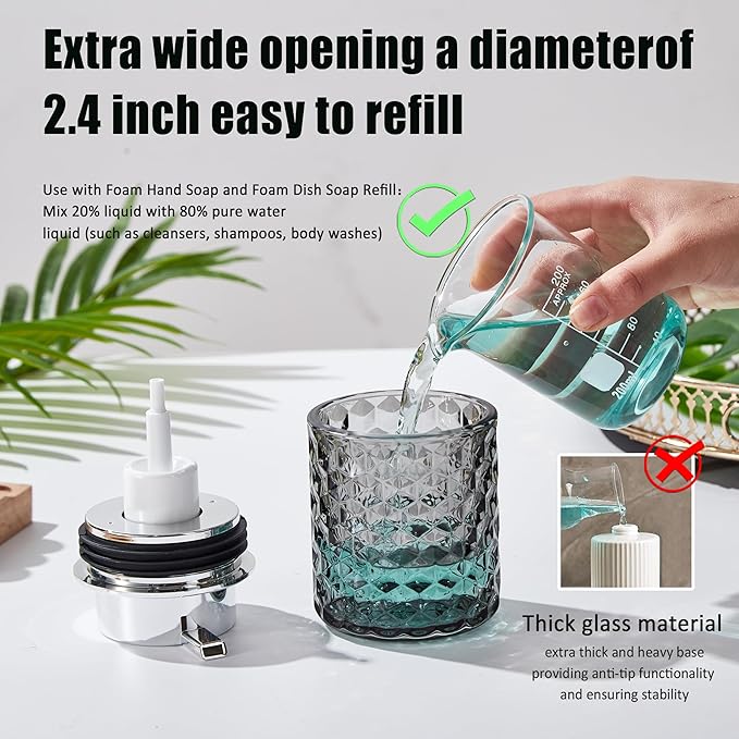 Malachi Foaming Hand Soap Dispenser, Refillable Clear Glass Pump Bottles for Liquid or Lotion, Modern Foam Dispenser for Bathroom, Kitchen, Commercial