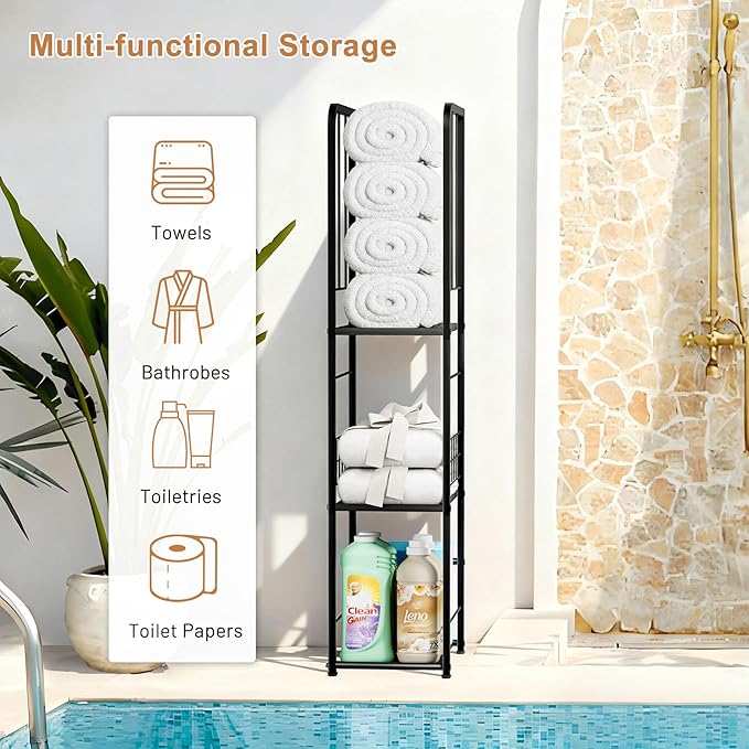 KIMBORA Narrow Towel Storage for Bathroom, 3-Tier Free Standing Bathroom Towel Organizer with Shelf for Small Bath, Pool, Black