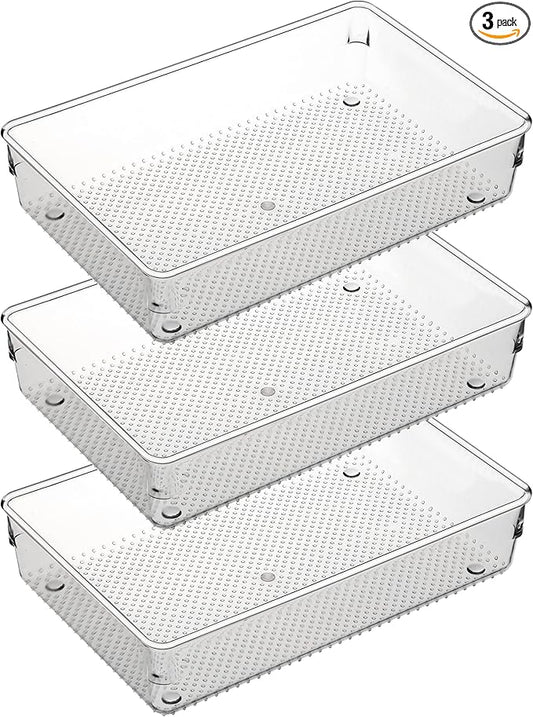 3 Set Clear Plastic Junk Drawer Organizer Vanity Curlery Utensil Makeups Organizer for Kitchen 6" X9''