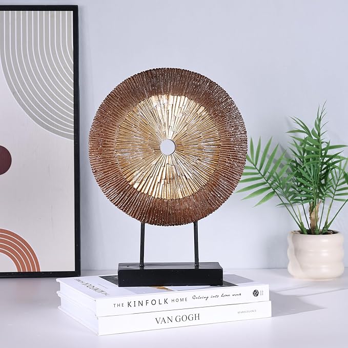 12" Tall Abstract Brown Gold Round Sculpture - Unique Wood Color Home Decoration for Above Cupboard Decor, Living Room Coffee Table, Console, Office, Entrance, Table Centerpieces (Brown Gold)