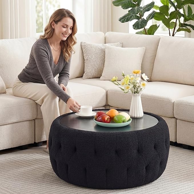 Large Round Storage Ottoman Coffee Table with Wooden Tabletop, 30.5 Inches Teddy Fleece Tufted Ottoman for Living Room, Bedroom, Apartments (Black)