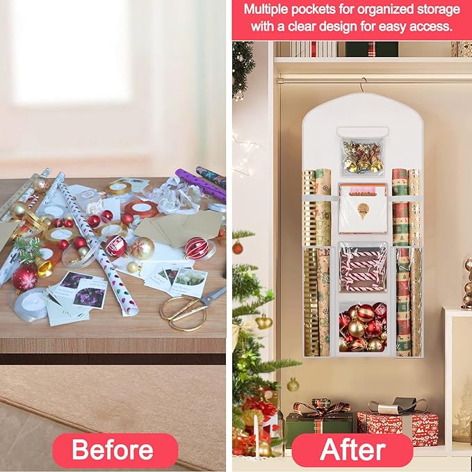 Woodoulogy Hanging Gift Wrapping Paper Storage, 40"X17" White Double-Sided Christmas Wrapper Bag Container, Oxford Craft Roll Organizer, Present Wrap Holder for Bedroom Closet, Door, Cabinet