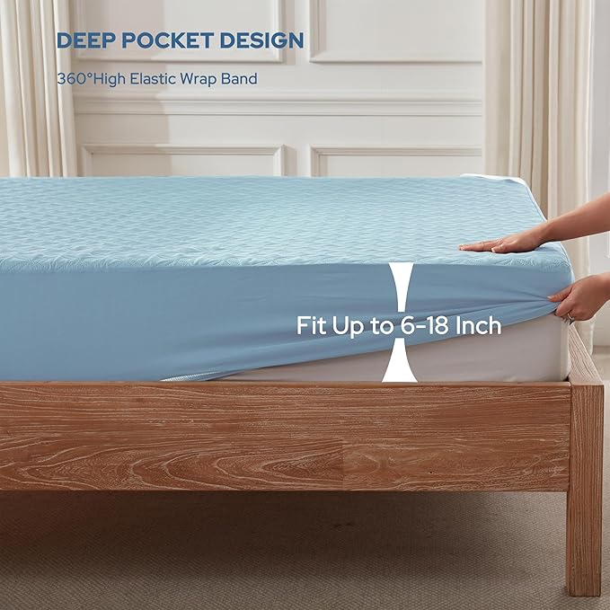 BEDLORE Waterproof Mattress Protector,King Size Mattress Pad with Deep Pocket 6"-18" Depth, Soft Dirt-Proof Double Bed Mattress Cover for Bedroom, College Dorm, Hotel (Sky Blue)