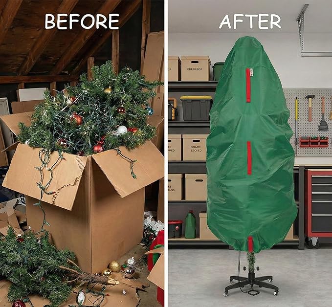 Upright Christmas Tree Storage Bag - Fits 7 Ft Artificial Xmas & Topiary Tree, Vertical Holiday Cover, Durable, Dustproof & Easy-Use Xmas Storage, Green