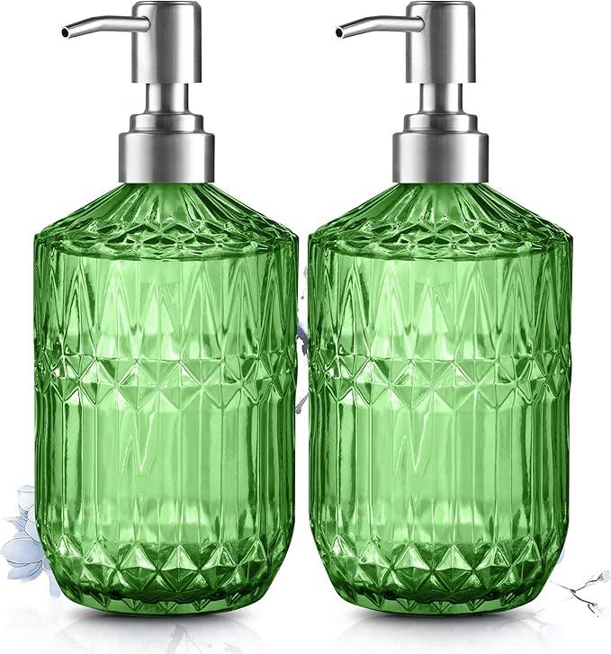 Kaishun 13 Oz Refillable Soap Dispenser, Glass Soap Dispenser for Dispense Hand Soap, Dish Soap, Lotion 2pack (Green)