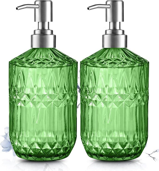 Kaishun 13 Oz Refillable Soap Dispenser, Glass Soap Dispenser for Dispense Hand Soap, Dish Soap, Lotion 2pack (Green)