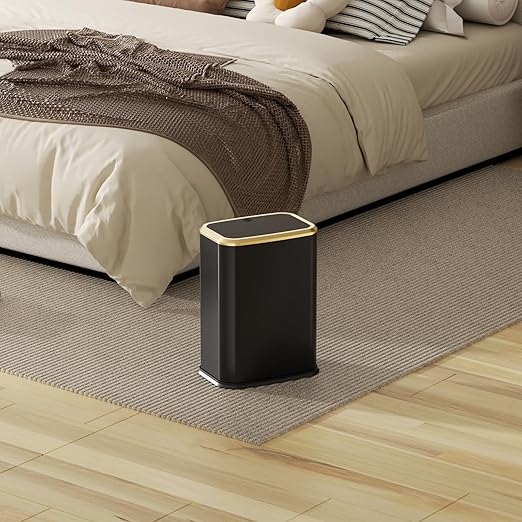 Bathroom Trash Can with Lid 8L/2.1 Gallon Black Trash Can Small Garbage Can with Press Top Lid Slim Stainless Steel Garbage Can with 100 Counts Trash Bags for Bathroom Bedroom Kitchen Office Toilet