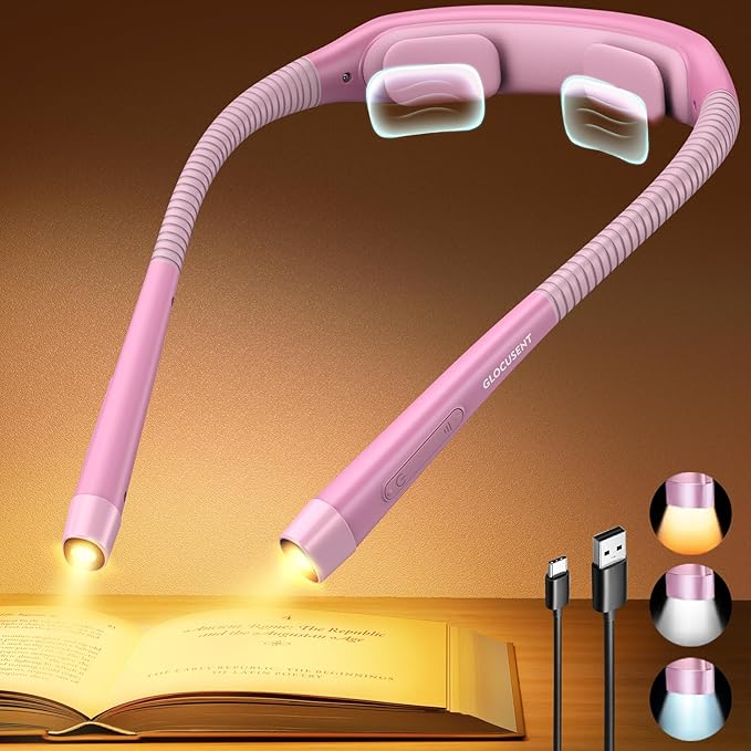 Glocusent Ergonomic Reading Lights for Books in Bed, 1600mAh Rechargeable Book Light for 100 Hrs - 3 Colors & 5 Brightness, Neck Light with Timers, Sleep Aid & Travel Lock
