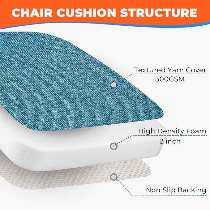 Sunsleek Chair Cushions for Dining Chairs, D-Shaped Seat Cushions with Removable Washable Cover and Ties, Chair Pads for Kitchen, Indoor Dining Room, Patio Chairs, 17'' x 16'', Set of 2, Blue