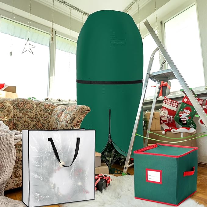 SATINIOR 6 Pcs Upright Christmas Tree Storage Bag Set 9 Ft Christmas Tree Storage Bag 26" Xmas Wreath Containers 11.8" Ornament Bags with Dividers Hold 64 Balls for Artificial Trees Garland(Green)