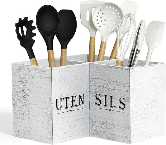 Extra Large Kitchen Utensil Holder for Countertop, Three Compartment Wooden Utensil Holder Farmhouse Decor Perfect for Storing Spatulas and Cooking Tools