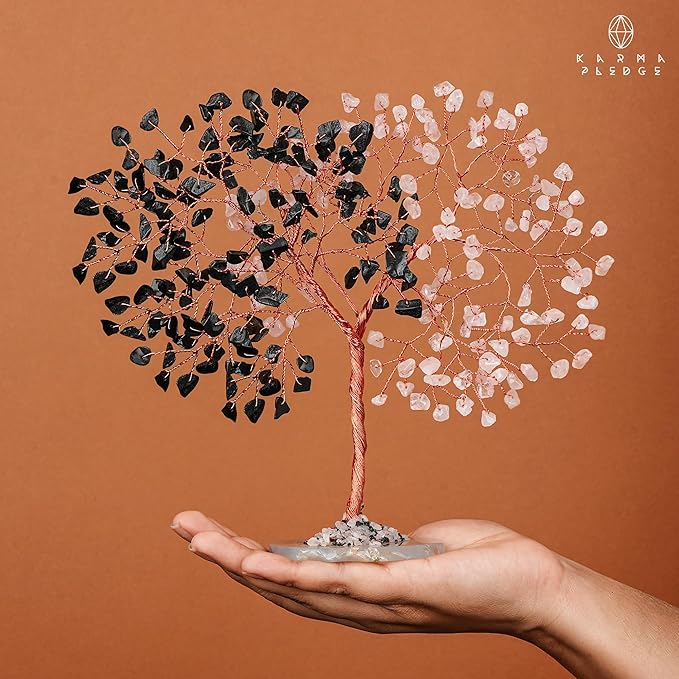 Handmade Healing Crystal Tree of Life Black Obsidian & Rose Quartz Chakra Tree for Money, Good Luck, Feng Shui Home Decor, Living Room Office Deocration, Unique Birthday Gifts for Women, Men, Mom