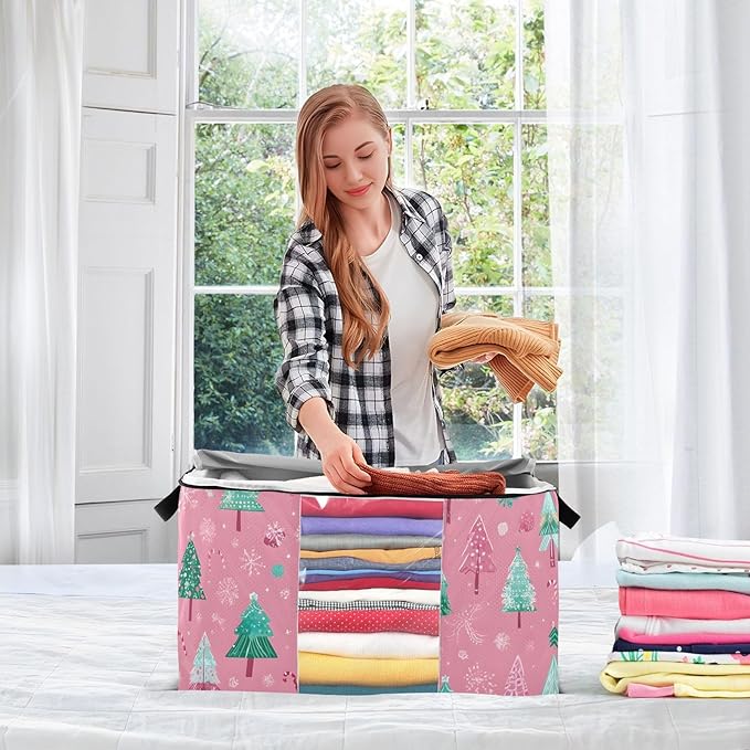 OTVEE Christmas Trees with Snowflakes on Pink Clothes Storage, 60L Foldable Storage Containers for Organizing Bedroom, Closet, Clothing, Comforter, Organization and Storage with Lids and Handle