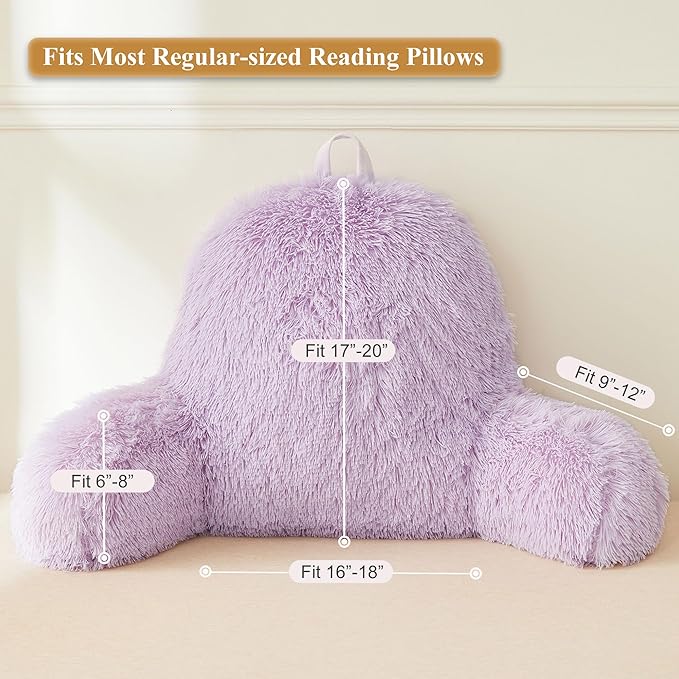 XeGe Fluffy Back Support Pillow Cover for Bed (No Filler), Light Purple Faux Fur Backrest Pillowcase, Lilac Furry Reading Pillow with Arms for Adults Kids, Fuzzy Sit Up Study Pillow, Lavender