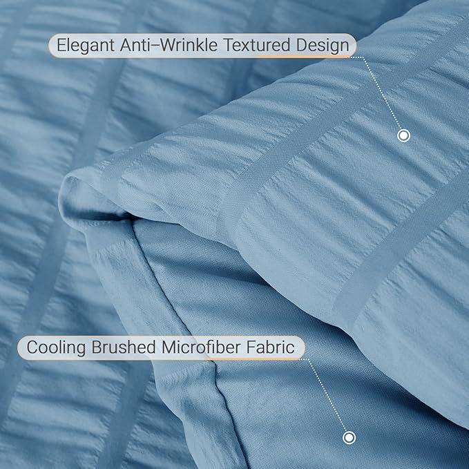MUXHOMO 5 Pieces Twin Comforter Set, Seersucker Bed in a Bag Twin Size, All Season Luxury Bedding Set with Comforter, Flat Sheet, Fitted Sheet, Pillowcase & Sham, Mineral Blue