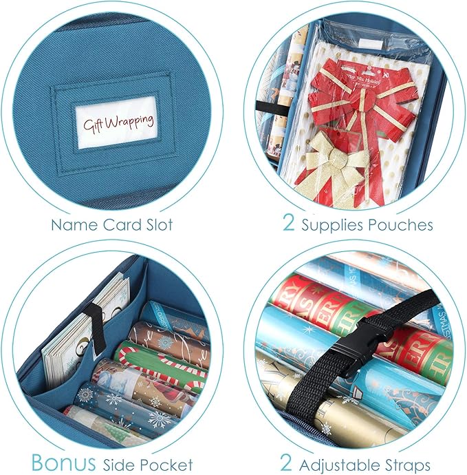 Hearth & Harbor Wrapping Paper Storage Container - Christmas Storage Bag with Interior Pockets - Gift Wrap Organizer Fits Up to 22 Rolls of 40" - Tear Proof, Blue