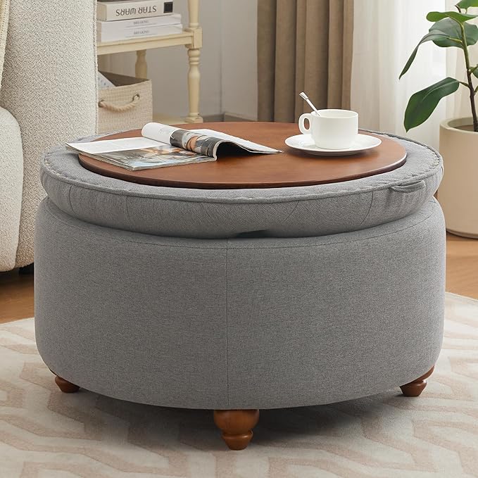 WUTUTUEE 30Inch Round Storage Ottoman with Tray, Modern Tufted Fabric Circle Coffee Table with Storage, Upholstered Ottoman with Removable Top for Living Room, Bedroom, Light Grey