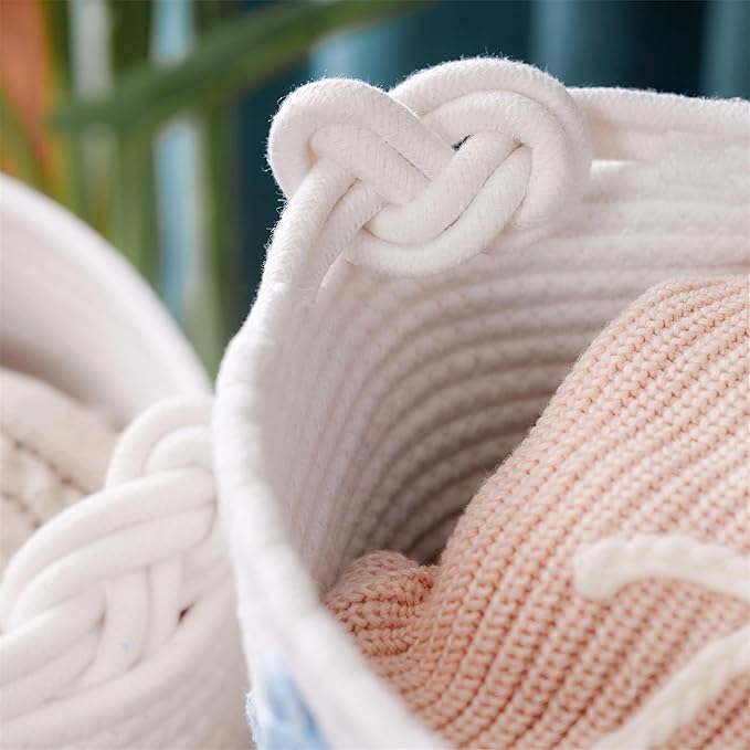FKOG Personalized Baby Shower Basket Gift, Custom Name Cotton Rope Storage, Baby Nursery Organizer, Baby Show Gift Basket, Newborn Baby Baptism Gift (White round basket)