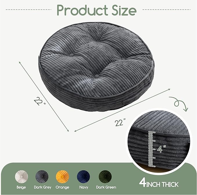 HIGOGOGO Floor Pillow Cushion for Adults, Meditation Cushion Pillow, Large Round Floor Sitting, Tufted Corduroy Cover, for Tatami Living Room or Yoga, 22x22 Inch, 2Pack, Dark Grey