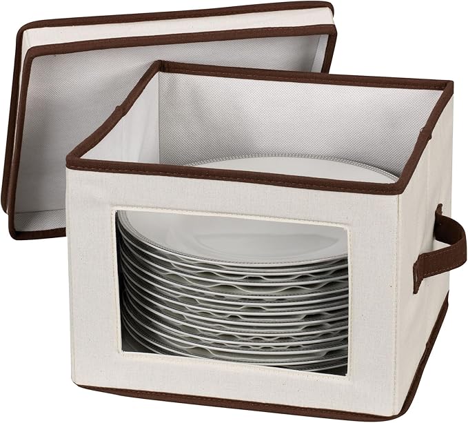 Household Essentials Dinner Plate Storage Box, Strong Frame and Handles, Windowed Panel, Fully Removable Lid, Stackable and Foldable, Perfect for Preserving Your Dinnerware