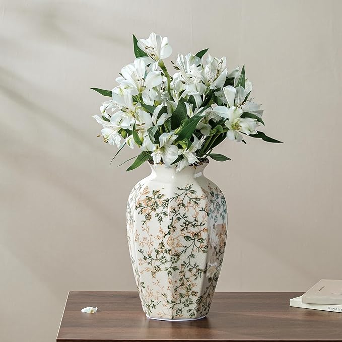 for Mom from Daughter or Son, Vintage Pastoral Octagonal Ceramic Vase 9.1”, Green & Beige Chinoiserie Floral Vase, Rustic Farmhouse Decor for Living Room, Kitchen, Bedroom, Shelf