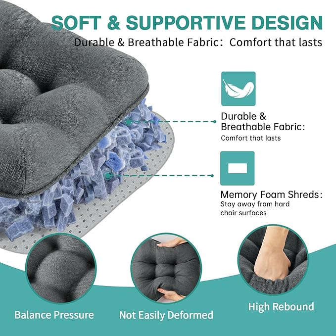 BETU Chair Cushions for Dining Chairs Set of 2,3.5" Thick Kitchen Table Chair Pads with Ties,Non Slip Backing and Covers, Seat Cushion for Dining Room,Bar,Patio Chairs,16"X16"X3.5",Dark Grey