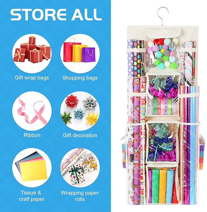 Freegrace Double-Sided Hanging Gift Wrap Organizer - Large 16 x 41 Inch Wrapping Paper Storage Bag - Tearproof 600D Oxford Closet Gift Bag & Ribbon Organization Storage Caddy, Beige