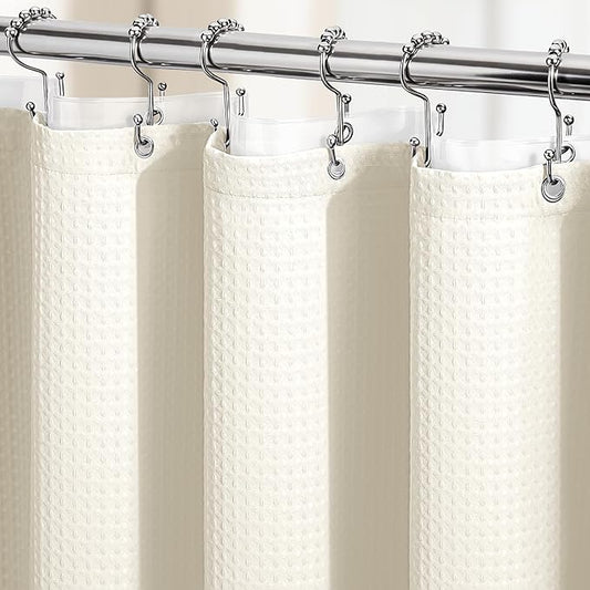 Dynamene Ivory Shower Curtain and Liner Set, Waffle Weave Fabric, Waterproof Clear Liner, 256GSM Heavy Duty Weighted Hotel Luxury Cloth Shower Curtains for Bathroom with 12 Plastic Hooks, 72Wx72H