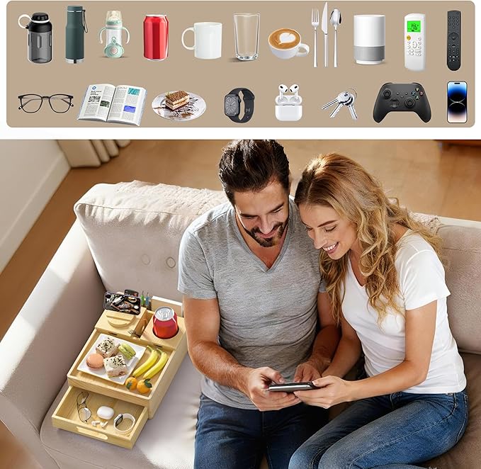 Couch Cup Holder, 7-in-1 Couch Caddy Tray, Sofa Side Table with Push-Pull Drawer to Organize and Store Small Objects, 360°Swivel Phone Holder, for Drinks, Cups, Snacks, Remote