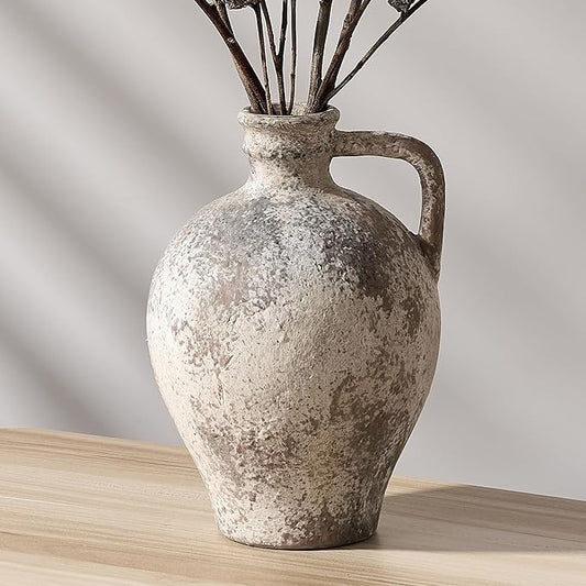 PORCER Antique Ceramic Vase, 8.3 Inch Terracotta Vase with Handle, Tuscan Decor Decorative Vase, Rustic Vase for Home Decor, Farmhouse, Living Room, Floor, Wedding, Christmas- Gray