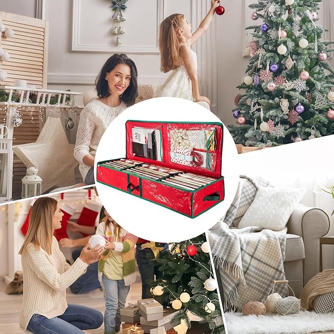 Christmas Wrapping Paper Storage, Oxford Fabric Festive Holiday Wrapping Paper Storage Bin for Living Room, Bedroom, Closet, Rolls, Ribbons, Bow, Organizer