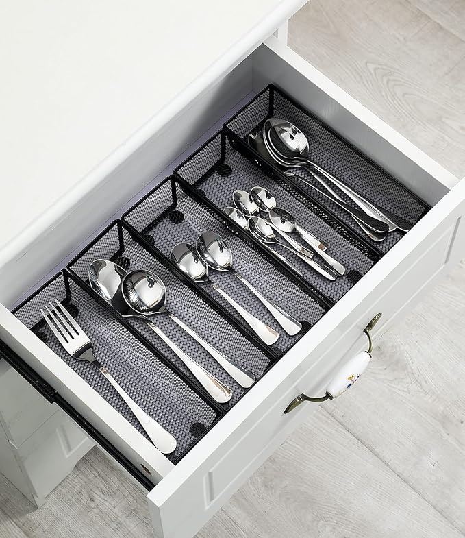 BYCY Silverware Drawer Organizer, Mesh Utensil Organizer for Kitchen Storage, Black Steel Metal Mesh Tray for Flatware Fork Spoon Knife… (9 * 3-5P-Black)