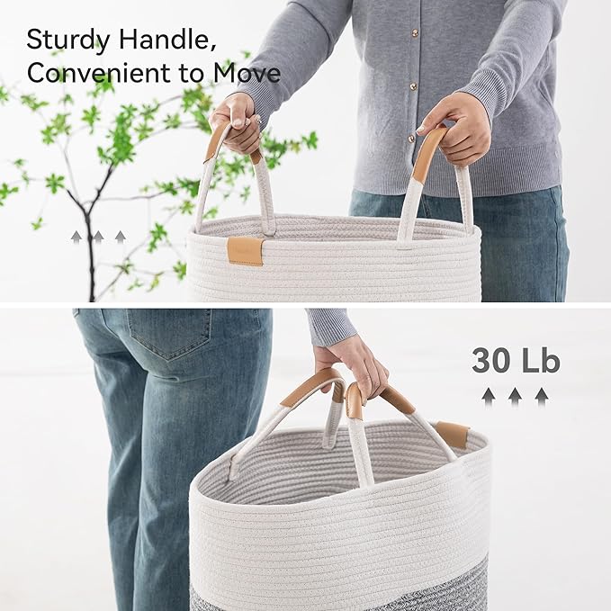 Nunsino 75L Striped Laundry Hamper with Leather Handles,Large Foldable Laundry Basket for Clothes,Cotton Rope Storage Bin for Blankets,Woven Clothes Basket for Bedroom,Gray Stripes