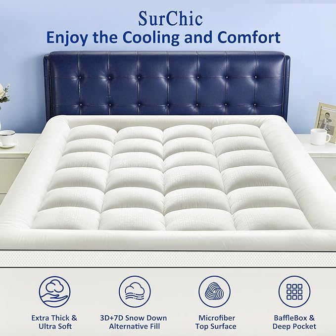 Full Size Mattress Topper for Back Pain, Extra Thick Pillow Top Mattress Pad with 1000GSM Down Alternative Filling, Cooling Breathable Plush Bed Topper Protector Cover (8-21" Deep Pocket)