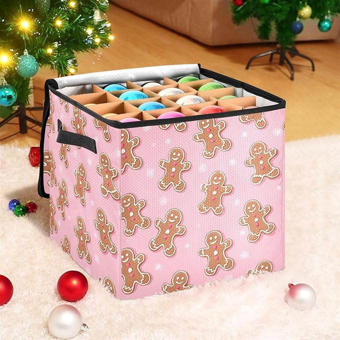 Pink Gingerbread Man Christmas Ornament Storage Basket Box Winter Xmas Holiday Storage Container Cube with Adjustable Dividers for 64 Holiday Ornaments or Decorations Keeps Clean and Dry