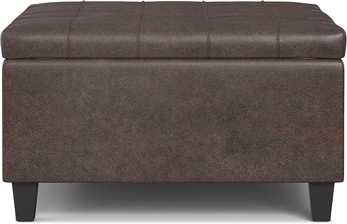 SIMPLIHOME Harrison Small Coffee Table Storage Ottoman - 30 inch Wide Upholstered Vegan Leather Square Lift-Top Ottoman in Distressed Brown, Transitional Ottoman for Living Room with Hidden Storage