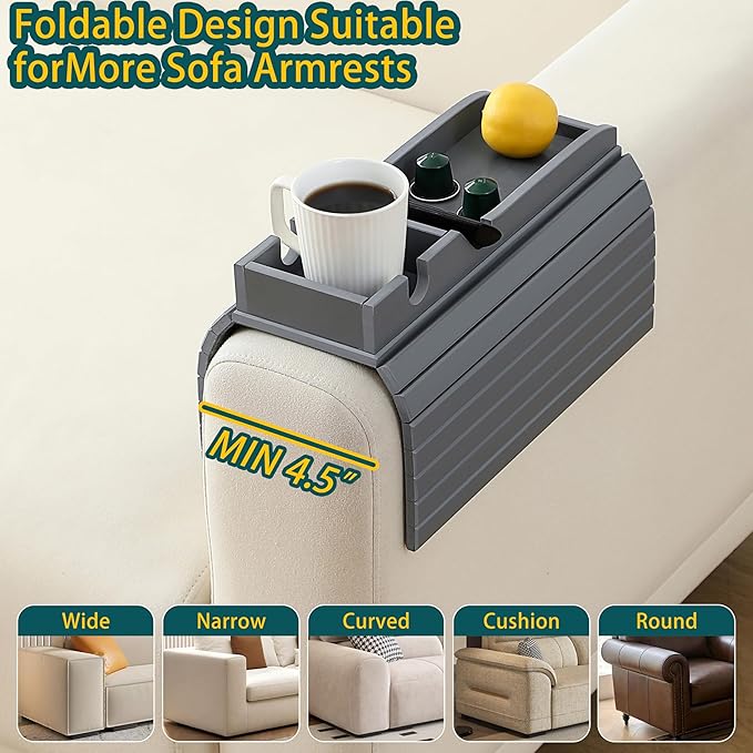 Bamboo Couch Cup Holder Arm Tray，Foldable Couch Drink Holder Armrest Table，Sofa Arm Rest Tray，Flexible Arm Chair Table Recliners for Drink,Cups, Snacks, Phone, Remote (Grey)