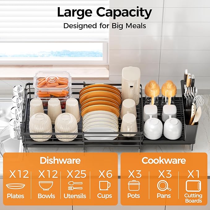 Delamu Stainless Steel Dish Drying Rack, Expandable Dish Drainer, Anti-Rust Large Dish Racks for Kitchen Counter, Dish Strainers with Drainboard, Utensil Holder & Cup Holder, Black