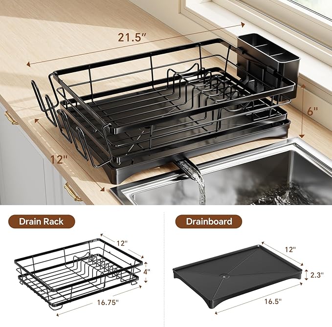 Simple Trending Dish Drying Rack for Kitchen Counter, Rust-Resistant Dish Rack, Large Dish Drainer Organizer with Cutlery Holder & Cup Holders, Black
