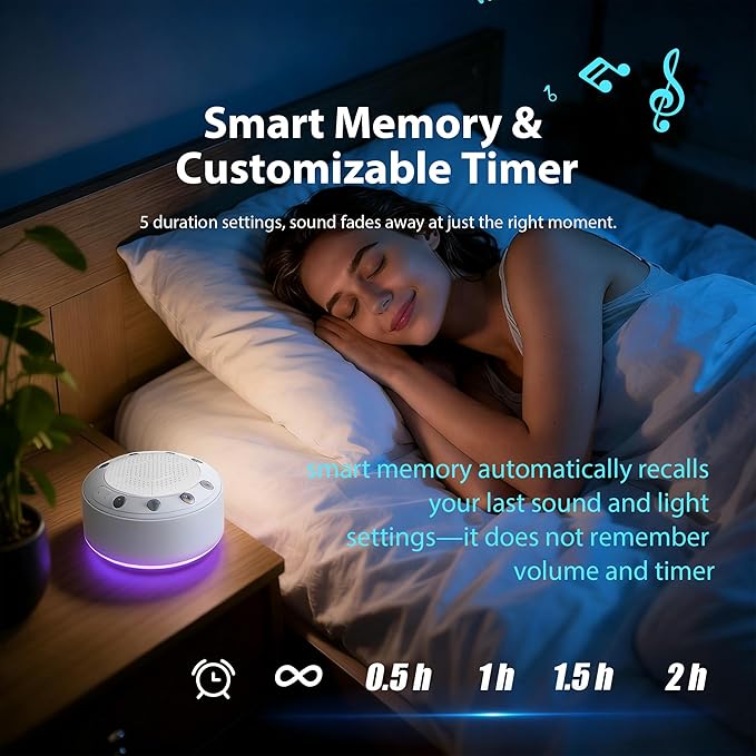 S318 White Noise Machine, Portable Sound Machine for Sleep with Bluetooth, 25 Non-Looping Sounds, 11-Color Night Light, Memory & Timer, USB-C Powered, for Baby Kids Adults Home Office Travel
