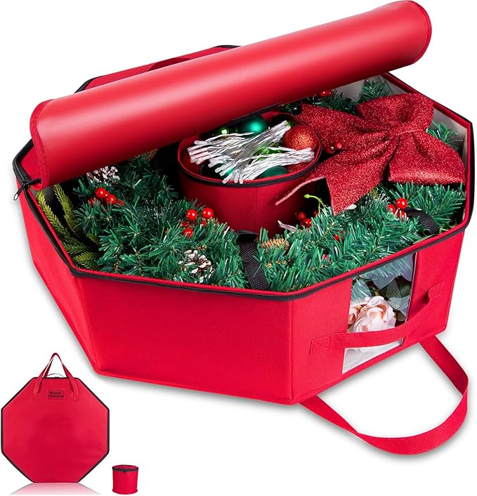 BrilliantJo Wreath Storage Hard Shell Christmas Decorations Case Bag with Interior Pockets 600D Oxford Fabric 24 Inch Xmas Container Box for Holiday Zipper and Handles Labeling Card Slot Red