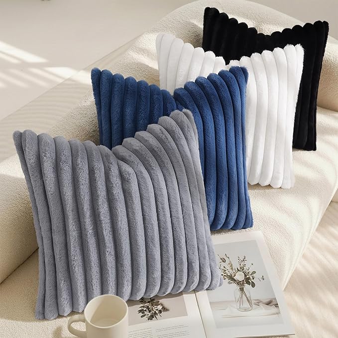 decorUhome Cozy Faux Fur Throw Pillow Covers 22x22 Set of 2 Decorative Soft Plush Striped Modern Farmhouse Boho Couch Euro Sham Pillow Cases with Velvet Back for Sofa Bed Living Room, Black