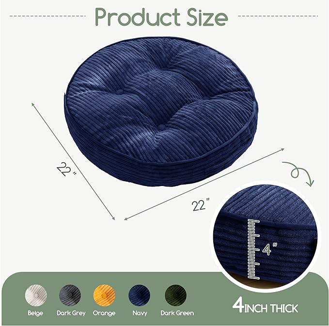 HIGOGOGO Floor Pillow Cushion for Adults, Meditation Cushion Pillow, Large Round Floor Sitting, Tufted Corduroy Cover, for Tatami Living Room or Yoga, 22x22 Inch, Navy