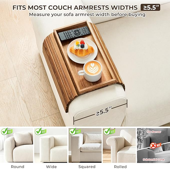LOVYANXUE Acacia Wood Sofa Arm Tray, Foldable Couch Armrest Table with Anti-Slip Pad, Couch Arm Tray & Cup Holder for Drinks, Coffee, Snacks, Phone, Remote Control