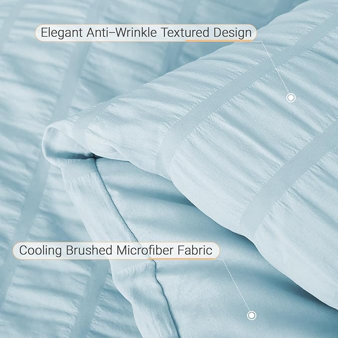 MUXHOMO 7 Pieces California King Comforter Set, Seersucker Bed in a Bag Cal King Size, All Season Luxury Bedding Set with Comforter, Flat Sheet, Fitted Sheet, Pillowcases & Shams, Lake Blue