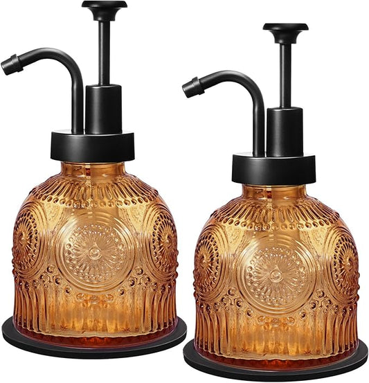 Amolliar 8 Oz Vintage Glass Bathroom Soap Dispensers with Pump, 2 Pack Refillable Kitchen Dish Soap Dispenser with Stripe, Antique Rustic Hand Soap Liquid Bottle (Brown-Black Pump)