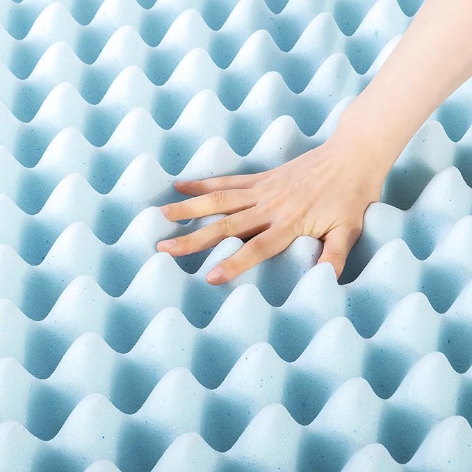 Best Price Mattress 4 Inch Egg Crate Memory Foam Mattress Topper with Cooling Gel Infusion, CertiPUR-US Certified, Dorm Essentials, Short Queen, Light Blue