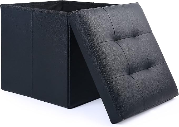 LotFancy Storage Ottoman, Foldable Foot Rest Stool, 13x12x12 Inches Small Leather Bench with Storage, Holds up to 260 lb, for Living Room, Bedroom, Dorm, Black