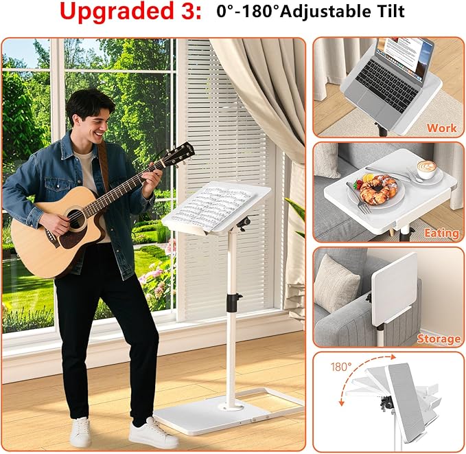 TV Tray Table for Couch, Height Adjustable/360° Swivel/180° Flip-Over Panel Design C-Shaped End Table, Sofa Arm End Side Table with Phone & Tablet Slot for Eating, Laptop,Couch Bed (White)